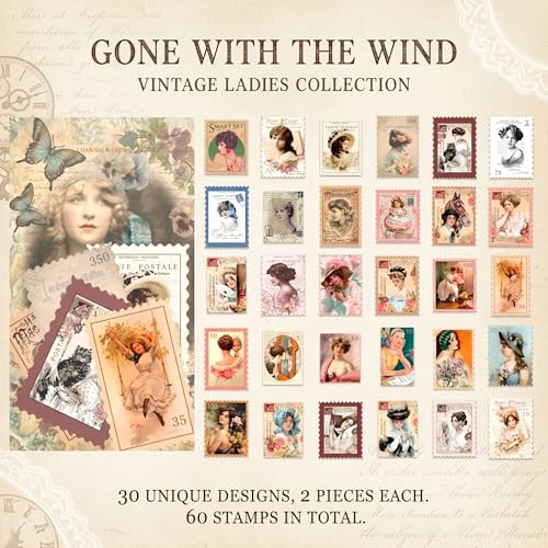 60pcs Vintage Postage Stamp Stickers, Aesthetic Classical Beauty Deco Paper Sticker for Scrapbooking, Journaling Supplies, Planners, Kid DIY Art Crafts - size: Classical Beauty 60PCS