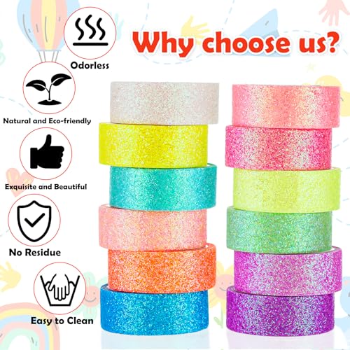 TIESOME 12 Rolls Glitter Washi Tape Set, 15mm Macaron Cute Colored Masking Tape, Decorative Masking Tapes for DIY, Scrapbook, Journal, Gift Wrapping, Crafts - style: Style1