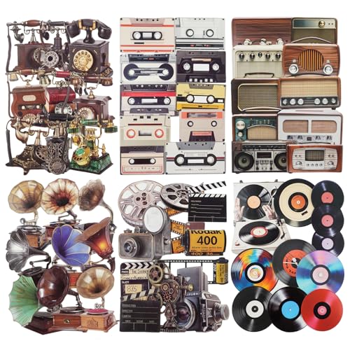60 Pcs Vintage Media Stickers for Scrapbooking and Journaling | Telephones, cassette tapes, radios, gramophones, film cameras and vinyl records on cardstock for collages and junk journals - color: Gramophone