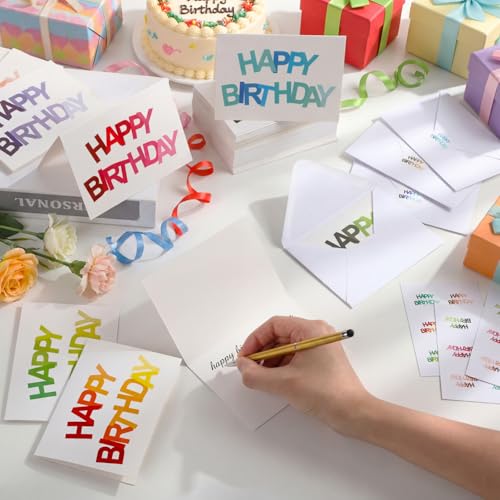 Gueevin 200 Pcs Happy Birthday Cards Bulk with Envelopes & Stickers, Ombre - style: Colorful Ombre Font