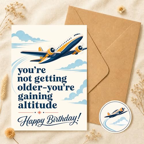 Funny Birthday Card for Pilot, Airplane Lover – Aviation Themed Greeting Card for Him Her, Men Women | Kraft Envelope & Sealing Sticker | Blank Inside to Write Your Message