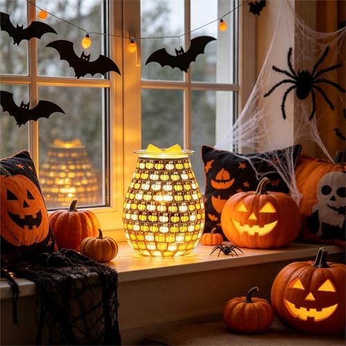 Dicimi Pumpkin Wax Melt Warmer, Handmade Mosaic Glass Wax Warmer with Flameless Night Light, Fast Heating Fall Harvest Decor, Cozy Home Ambiance - color: Golden Pumpkin