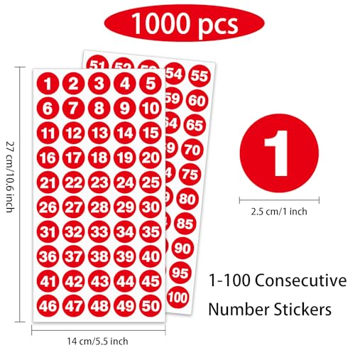 1 Inch Number Sticker, Waterproof Round Consecutive Number Stickers 1-100, Red&White Small Number Sticker Vinyl Decals for Office, Classroom, Storage, Inventory, Indoor, Outdoor - color: Red&white, size: 1 inch