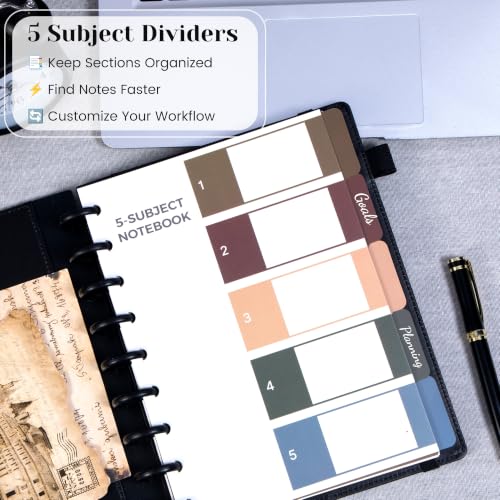 Hardcover Refillable Journal Notebook with Removable Divider Tabs, 300 Pages Leather 5 Subject Discbound Notebook College Ruled for Work School Note Taking,7.5x10" Lined Journal for Men & Women,Black - color: Black, size: Medium