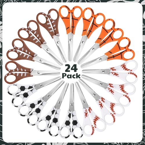 Therwen 24 Pcs Sport Blunt-tip Scissors Set 5 Inch Soccer Football Basketball Volleyball Safety Scissors for School Classroom DIY Crafting Back to School Supplies for Teacher Gifts