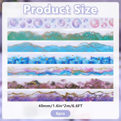 7Rolls Watercolor Smudge PET Tape Star Sky Golden Line Journal Stickers Decorative Collage Paper Adhesive Tape for Journal Supplies Scrapbook Notebook Planner Card Making