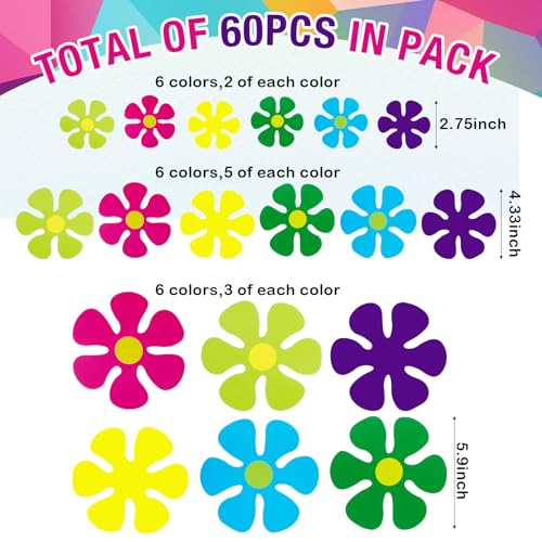 Outus 60 Pieces Retro Flower Cutouts for 60s 70s Hippie Party Wall Decor - color: Multi Color, size: 5.9'' 4.3'' 2.8''