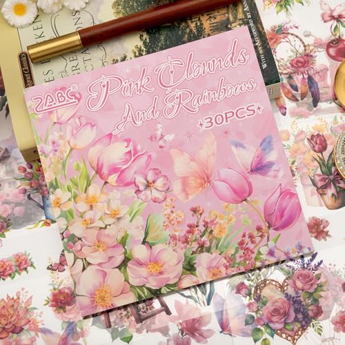 Rose Garden Series Sticker Scrapbooking Supplies for Junk Journal, 30 Sheets PET Stickers - Vintage Journaling Stickers, Ephemera Sticker Book Pre Cut(TZ-005-001) - color: Rosy Pink Clouds