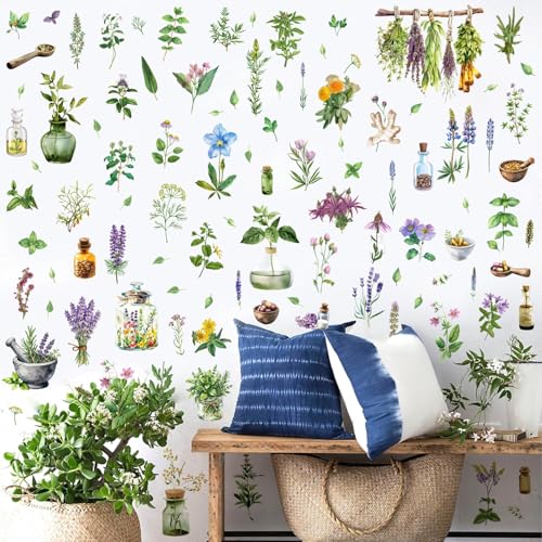 Herb Window Stickers Watercolor Plants Wall Decals Botanical Leaf Art Mural | Medicinal flower leaves decal for window wall, removable vinyl decor, peel and stick, self adhesive, for living room bedroom - color: Herb