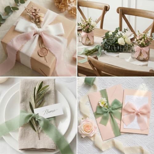 1" x 27 Yd Chiffon Silk Ribbon Set - 3 Rolls Handmade Fringe Fabric - color: PINK,GREEN,IVORY