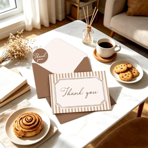 Whaline 24Pcs Brown Striped Thank You Cards Blank Note Cards with Envelopes Stickers Minimalist Stripe Greeting Card for Wedding Birthday Baby Shower, 4 x 6 Inch - color: Brown
