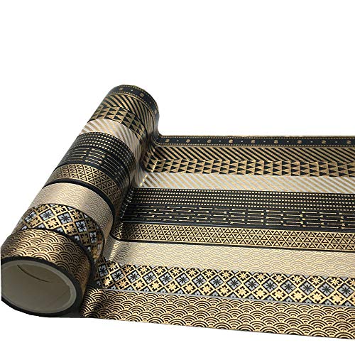 VIVIQUEN Gold Washi Tape Set 15MM Foil Skinny Masking Tape Decorative Pack for DIY Scrapbooking, Crafts, Gift Wrapping, Holiday Decoration (Black Basic Pattern 10 Rolls)
