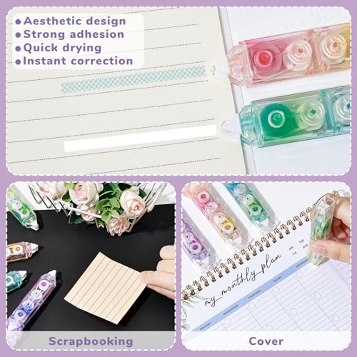 Temiary 4 Pcs 2 in 1 Correction Tape and Double Sided Tape Roller, Cute | Double Head Quick Dry White Wrong Out Tape Pens, with Scrapbook Adhesive Glue Tape Dispenser for School Office Supplies