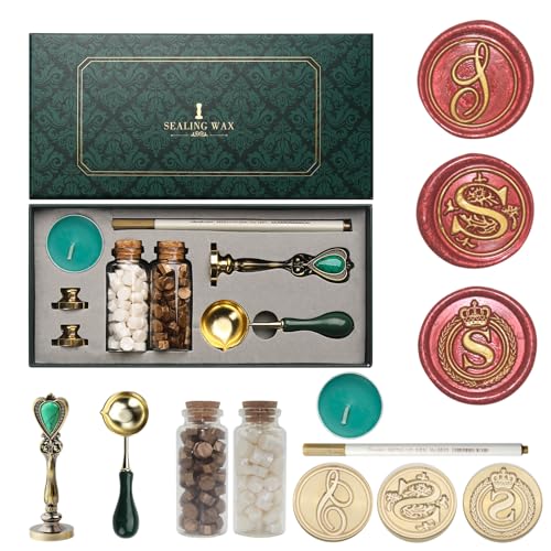 Letter Wax Seal Stamp Kit, Andotopee Wax Seal Kit Initial Alphabet S Sealing Wax Stamp Head 3pcs, Vintage Wax Stamp Seal Kit with Wax Seal Beads, Wax Seal Warmer Tools, Wax Seal Pen, Gift Box Set - style: Letter S Wax Seal Stamp Kit