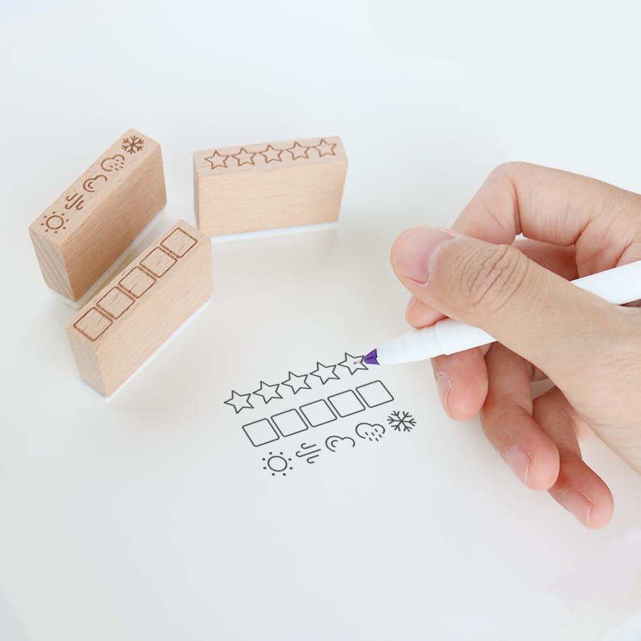 3 PC Rubber Stamp Set – 5 Star Rating, Checklist Box & Daily Weather Tracker for Journals, Planners, Habit Tracking, Scrapbooking & DIY Crafts