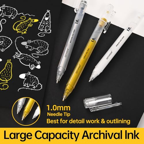 GETHPEN Gold Gel Pen Set, Opaque Archival Ink 1mm for Black Paper Drawing | Archival Opaque Gold Gel Ink Pens, Fine Point, for Artists, Black Paper Drawing, Sketching, Illustration, Card Making, 3 Pack - size: 1 Count (Pack of 3), style: 3 Pack Gold