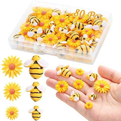 80 Pieces Tiny Resin Bees Daisy Flowers, Flatback Daisy Flowers Bumble Bees Embellishment Bee Decors with Box DIY Wreath Cake Decorations Flowers Bee for Crafts Two Groovy Party Decor