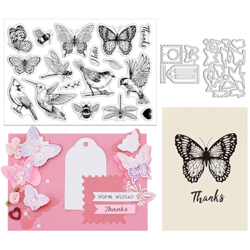 INFUNLY Bird Stamps & Dies - Butterfly, Insect & Leaves Die Cuts, Heart Silicone Stamps for DIY Scrapbooking & Embossing - color: Birds and Butterfly