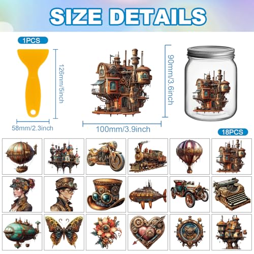 GLOBLELAND 18 Sheets Vintage Steampunk Rub on Transfers Metal Machinery Cars Waterproof UV DTF Cup Wraps Hot Air Balloon Decals Stickers for Water Glass Bottle Vase Crafts - style: Steampunk