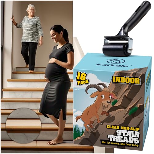 16 Pack Clear Stair Treads for Wooden Steps Indoor – 24"x4" Invisible Stair Treads Non Slip | Transparent Self-Adhesive Anti Slip Tape for Kids, Seniors & Pets | Includes Rubber Roller