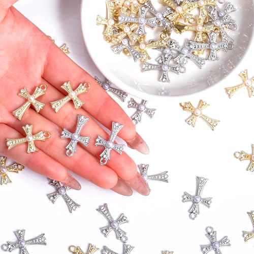 stino 40/50 Pieces Rhinestone Charms, Turtle Heart Bow Cross & Rhombus Jewelry Making Supplies, Silver & Gold Plated Crystal Pendants - style: Cross (Pearl 50PCs)