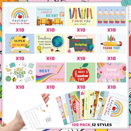 Kosiz 120 Pcs Teacher Cards 4 x 6 Inch Postcards Assorted Greeting Cards Blank Note Cards, 12 Styles - style: Teacher Appreciation