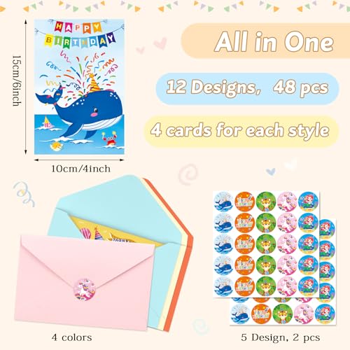 Happy Birthday Cards 48 Bulk Envelopes & Stickers 10x15cm for Kids Friends - color: Birthday 1