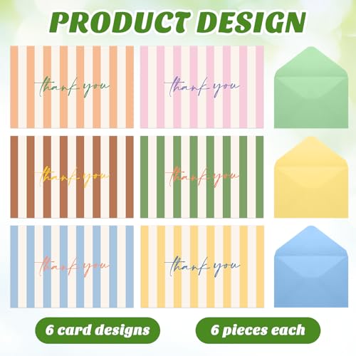 Eaasty 36 Pcs Summer Thank You Cards with Envelopes,Stripes - style: Stripes