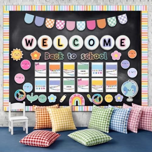 Mooliwe 94 Pcs Welcome Back to School Bulletin Board Set Retro Flowers Smile Face Paper Cutouts for First Day of School Classroom Wall Door Decoration(Groovy) - style: Boho Rainbow
