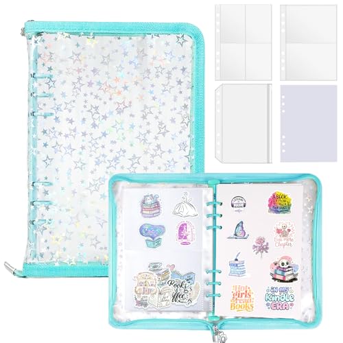 4 In 1 Sticker Storage Organizer, A5 Sticker Binder with Storage Pocket & Release Paper, Glitter Reusable Stickers Book Collecting, Blank Stickers Album Holder for Adult Container Display (Cyan) - color: Cyan
