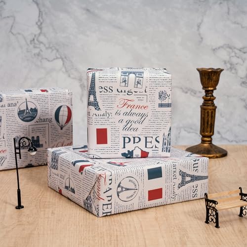 WRAPAHOLIC Kraft Vintage Paris Wrapping Paper Roll - Mini Roll - 17 Inch x 16.5 Feet - Retro French Travel Newspaper Wrapping Paper for Birthday, Wedding, Anniversary, Bridal Shower - color: Kraft Newspaper - French
