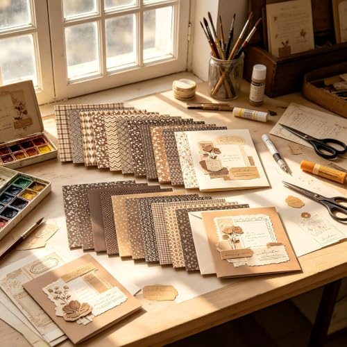 Boho Scrapbook Paper 12x12 - 24 Sheets Flower Patterned Cardstock Paper Pads,Coloured Double-Sided Decorative Craft Papers Pack for Scrapbooking, Junk Journaling, and Card Making (Seal Brown) - color: Seal Brown