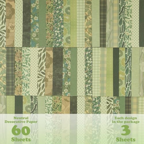 60 Sheets Textured Vintage Paper, Cottage Core Green Neutral Floral Scrapbook Ephemera, 5.0 x 3.1 Inch Single Sided Craft Paper for Junk Journaling, Card Making, DIY Crafts and Collages - color: Green