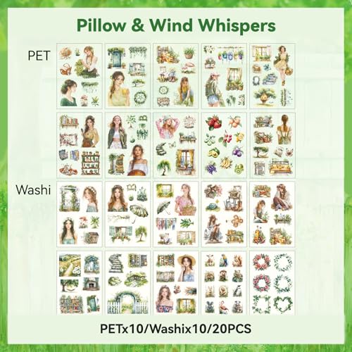 Grass Pillow Breeze Sticker Scrapbooking Supplies for Junk Journal, 20 Sheets PET Stickers - Vintage Journaling Stickers - color: Grass Pillow Breeze