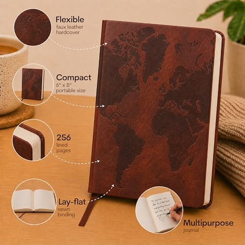 WORLD TRAVELER Eccolo A5 Lined Journal 256 Ivory Pages Lay Flat 6x8 - color: World Map