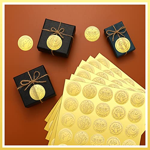 Chinco 500 Pieces Gold Embossed Envelope Seals Stickers Adhesive Seal Stickers Vintage Embossed Foil Certificate Kit Plant DIY Labels for Wedding Invitations Envelopes, 5 Patterns(Witchcraft Style) - style: Witchcraft Style