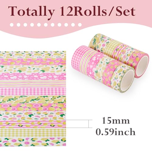 12 Rolls Lemon Washi Scrapbook Tape 15mm Pink Yellow Decorative Bible Tape Set Pack Aesthetic Colored Tapes Rolls Stickers for Crafts DIY Scrapbook Study Journaling Planner Supplies - color: Lemon