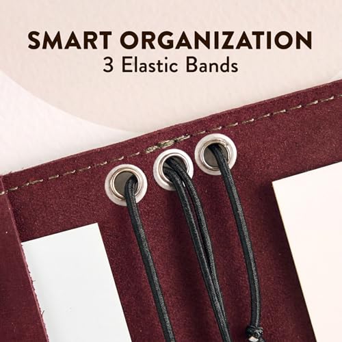 Refillable Leather Journal Cover A6 – Handmade Leather Notebook Cover with 3 Elastic Bands, Card Slots & Pen Holder, Traveler's Journal Case, Fits 4.1" x 5.8" Notebooks (Paper Not Included), Burgundy - size: A6
