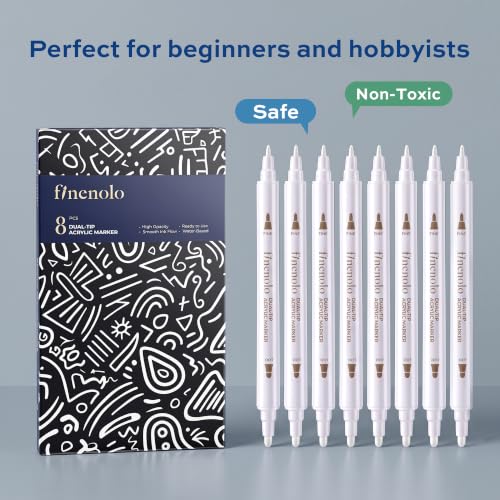 finenolo 8 Pack White Acrylic Paint Markers, Dual Tip Paint Pens with Dot & Fine Tips for Rock, Wood, Glass, Fabric, Plastic, Ceramic, DIY Crafts, Art Supplies