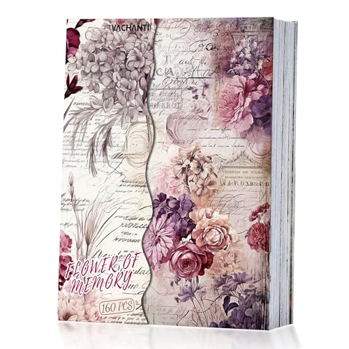 160 Sheets Vintage Flower Scrapbook Paper, Junk Journal Supplies, Purple Pink Flowers with Cursive Script No Repeating Perfect for Junk Journal DIY Cards Craft Albums Scrapbooking Supplies (Purple) - color: Purple