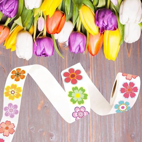 Colorful Flower Stickers Roll, 500 Pcs Floral Shape Decals for Envelope Seal, Scrapbooking, Water Bottle, Gift Wrapping, Birthday Wedding Party Decoration, 1.25 Inches