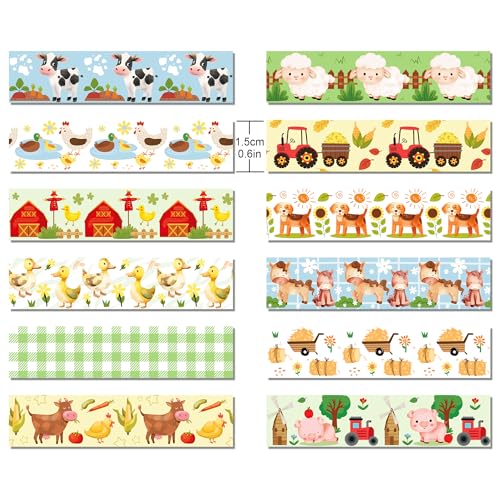 12 Pcs Farm Animals Washi Tape Set - Adorable Animal Patterned Decorative Masking Tape for Scrapbooking, Planner DIY, Craft Projects & Gift Wrapping