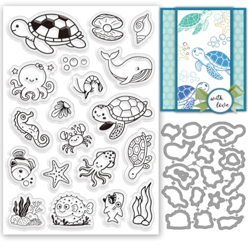INFUNLY 2 Set Sea Animal Stamps and Dies for Card Making Turtles Dolphin Clear Stamp and Cutting Die Octopus Jellyfish Silicone Stamp Seals Whales Embossing Template for DIY Scrapbooking Album Decor - style: Sea Animals