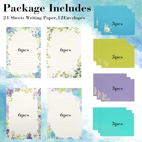 37 Pcs Stationery Paper Envelopes Set | Includes 24 Writing Paper & 12 Envelopes & 48 Stickers, Inlaid Flower Letter Writing Paper Envelopes (4Style) - color: Elegant