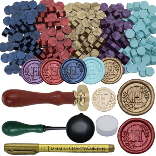 Initial Alphabet H Wax Seal Stamp Set, Retro Letter Sealing Stamp with 150Pcs Sealing Wax Beads in 5 Color, Melt Spoon Pen Kit for Wedding and Christmas (H) - style: H