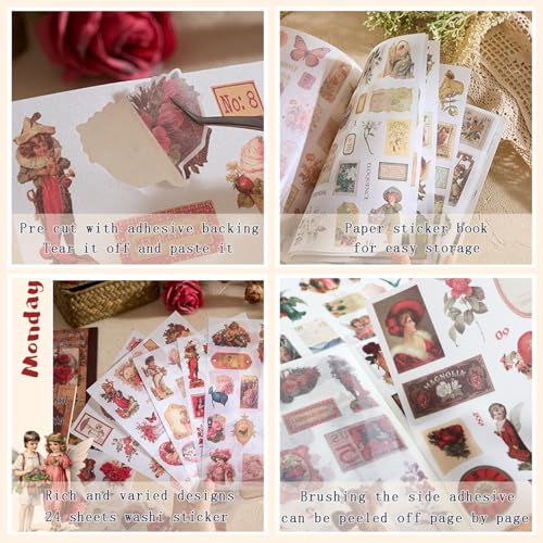Victorian Journal Sticker Book, 24 Sheets Vintage Washi Stickers for Scrapbooking, Pre-Cut Ephemera Stickers for Junk Journal, Planner, Collage, DIY Crafts & Vintage Decor (Red) - color: Red