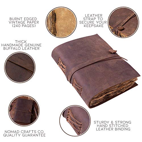Vintage Leather Journal - Burnt Deckle Edge Paper - Handmade Leather Bound Book of Shadows - Sketchbook for Drawing - 240 Pages (9" x 6")