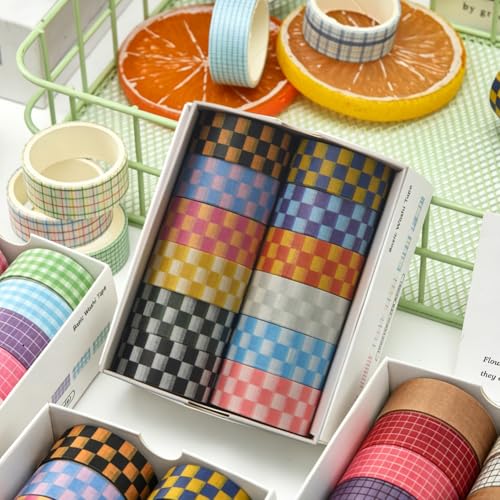 CRASPIRE 12 Rolls Grid Washi Tape Set Checkered Basic Pattern Decor Masking Tapes Adhesive Colored Writable Stickers Scrapbooking Planners Journaling DIY Crafts Gifts Wrapping Notebooks School - style: Plaid Styles-2