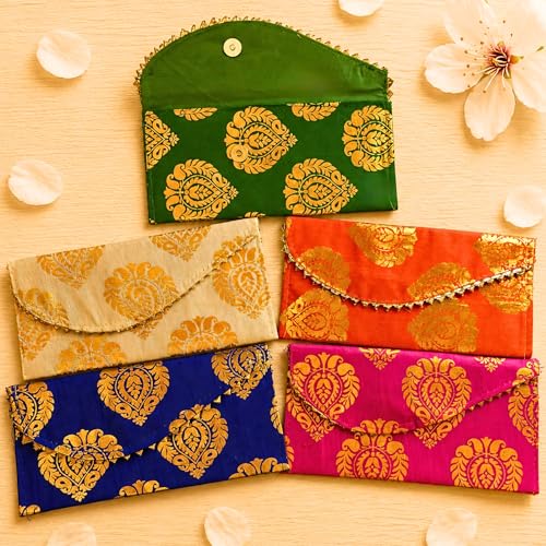 LoveNspire Brocade Fabric Money Envelopes (8 x 4 Inch) Decorative Floral Pattern Shagun Lifafa for Indian Wedding, Birthday | Cash Gift Holder & Home Savings Organizer Assorted/Pack of 5 - color: Floral Assorted, size: Pack of 5