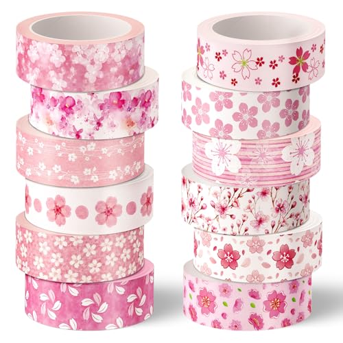 Whaline 12 Rolls Cherry Blossom Flower Washi Tape Floral Masking Tape Set Pink Sakura Decorative Wrapping Paper Tapes Boxed for Spring Scrapbook Journal DIY Crafts - style: Cherry Blossom